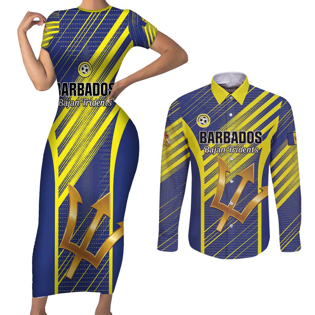 Custom Barbados Football Couples Matching Short Sleeve Bodycon Dress and Long Sleeve Button Shirt Go Champions Bajan Tridents
