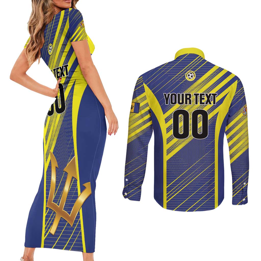 Custom Barbados Football Couples Matching Short Sleeve Bodycon Dress and Long Sleeve Button Shirt Go Champions Bajan Tridents
