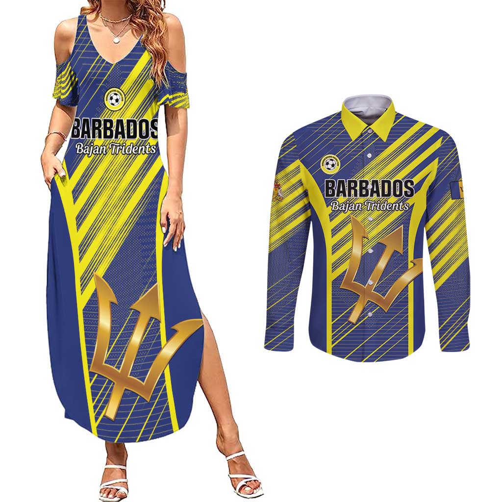 Custom Barbados Football Couples Matching Summer Maxi Dress and Long Sleeve Button Shirt Go Champions Bajan Tridents
