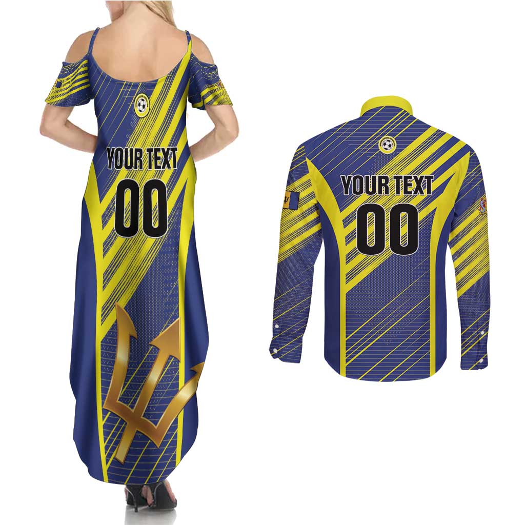 Custom Barbados Football Couples Matching Summer Maxi Dress and Long Sleeve Button Shirt Go Champions Bajan Tridents