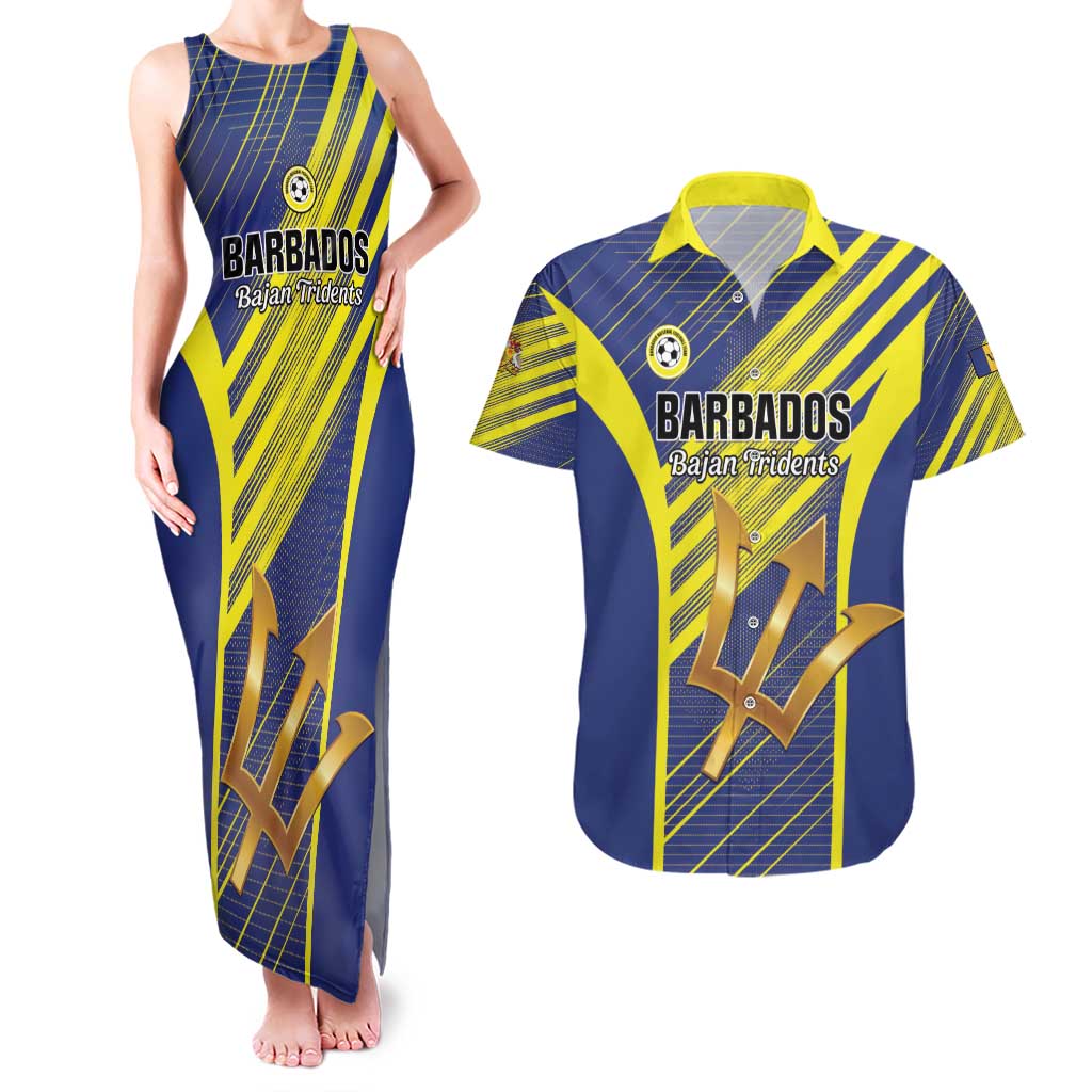 Custom Barbados Football Couples Matching Tank Maxi Dress and Hawaiian Shirt Go Champions Bajan Tridents