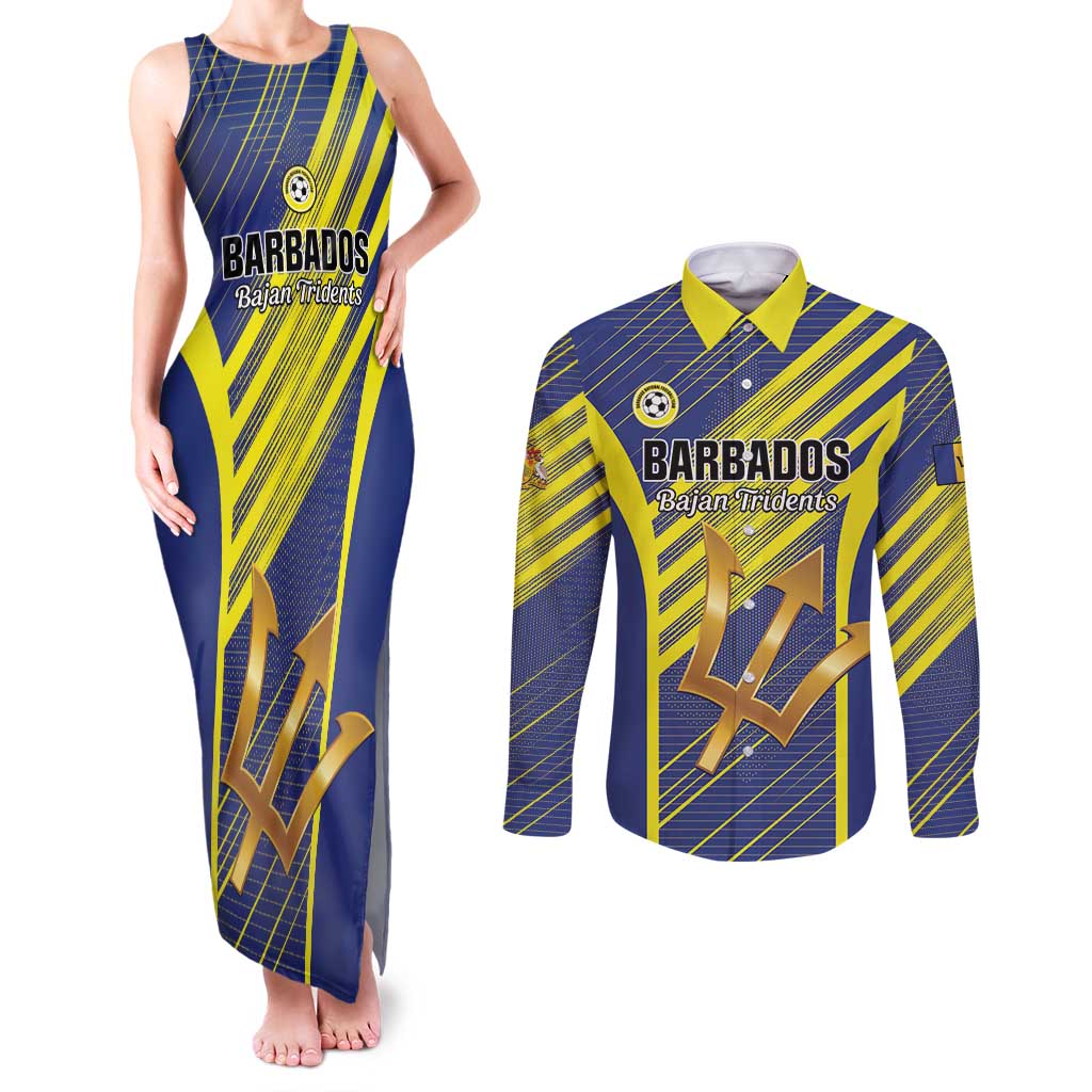 Custom Barbados Football Couples Matching Tank Maxi Dress and Long Sleeve Button Shirt Go Champions Bajan Tridents