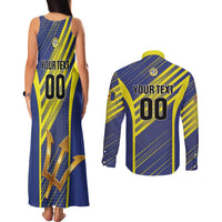Custom Barbados Football Couples Matching Tank Maxi Dress and Long Sleeve Button Shirt Go Champions Bajan Tridents
