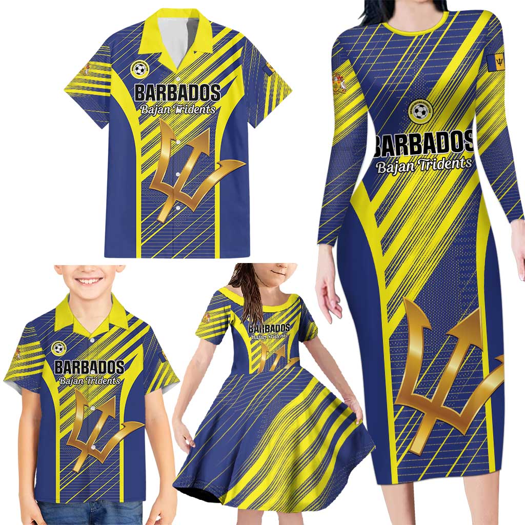 Custom Barbados Football Family Matching Long Sleeve Bodycon Dress and Hawaiian Shirt Go Champions Bajan Tridents