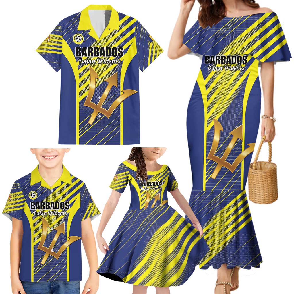 Custom Barbados Football Family Matching Mermaid Dress and Hawaiian Shirt Go Champions Bajan Tridents