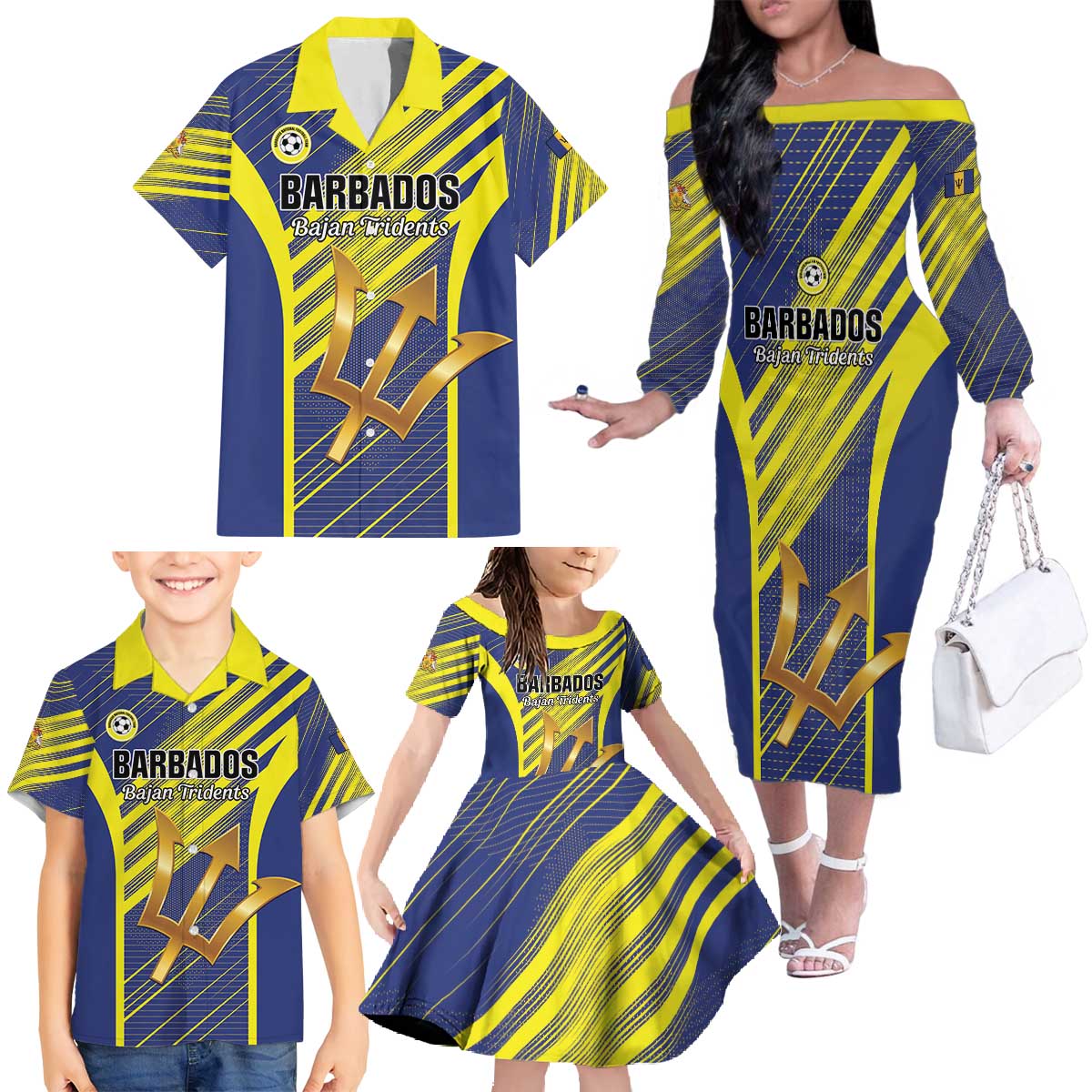Custom Barbados Football Family Matching Off The Shoulder Long Sleeve Dress and Hawaiian Shirt Go Champions Bajan Tridents