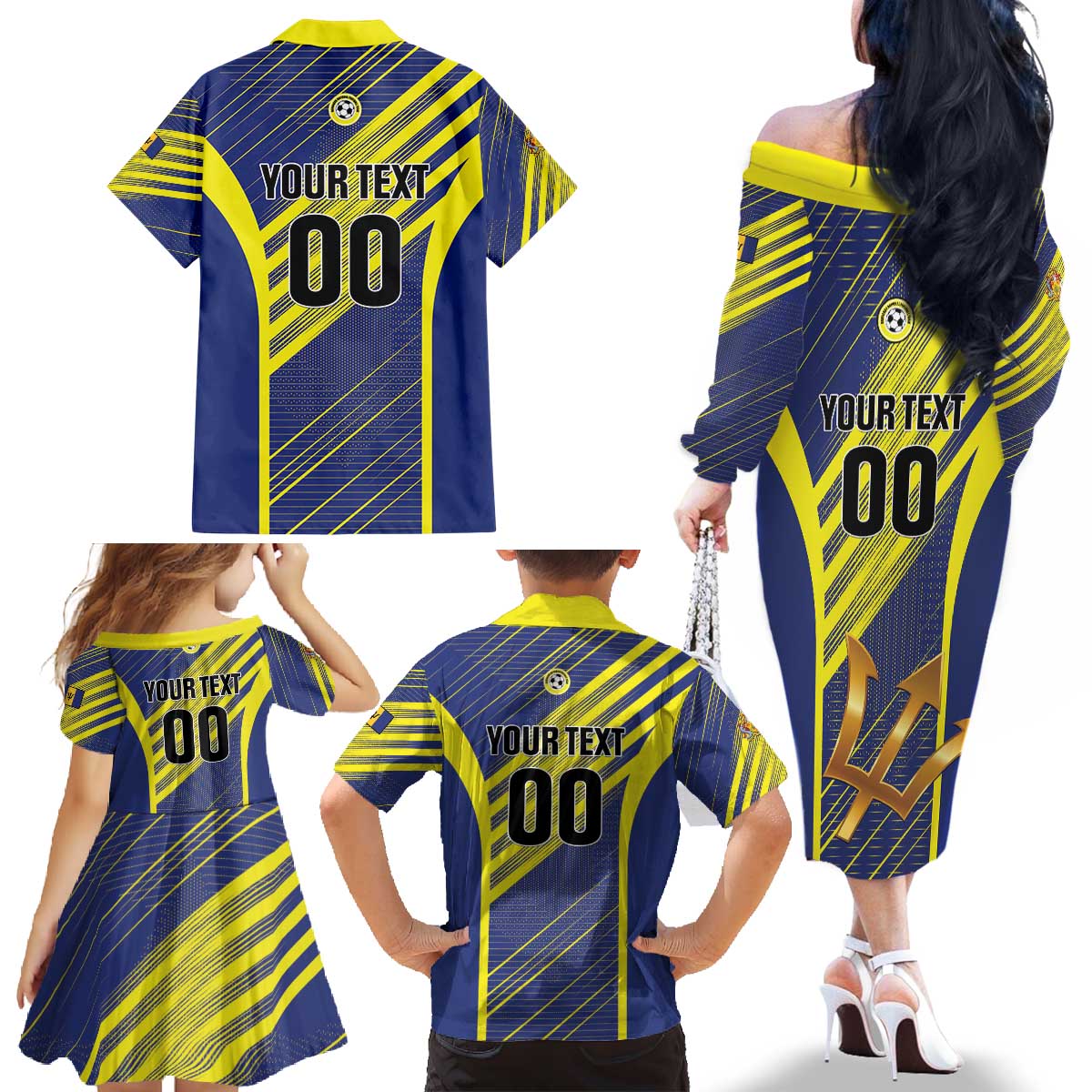 Custom Barbados Football Family Matching Off The Shoulder Long Sleeve Dress and Hawaiian Shirt Go Champions Bajan Tridents