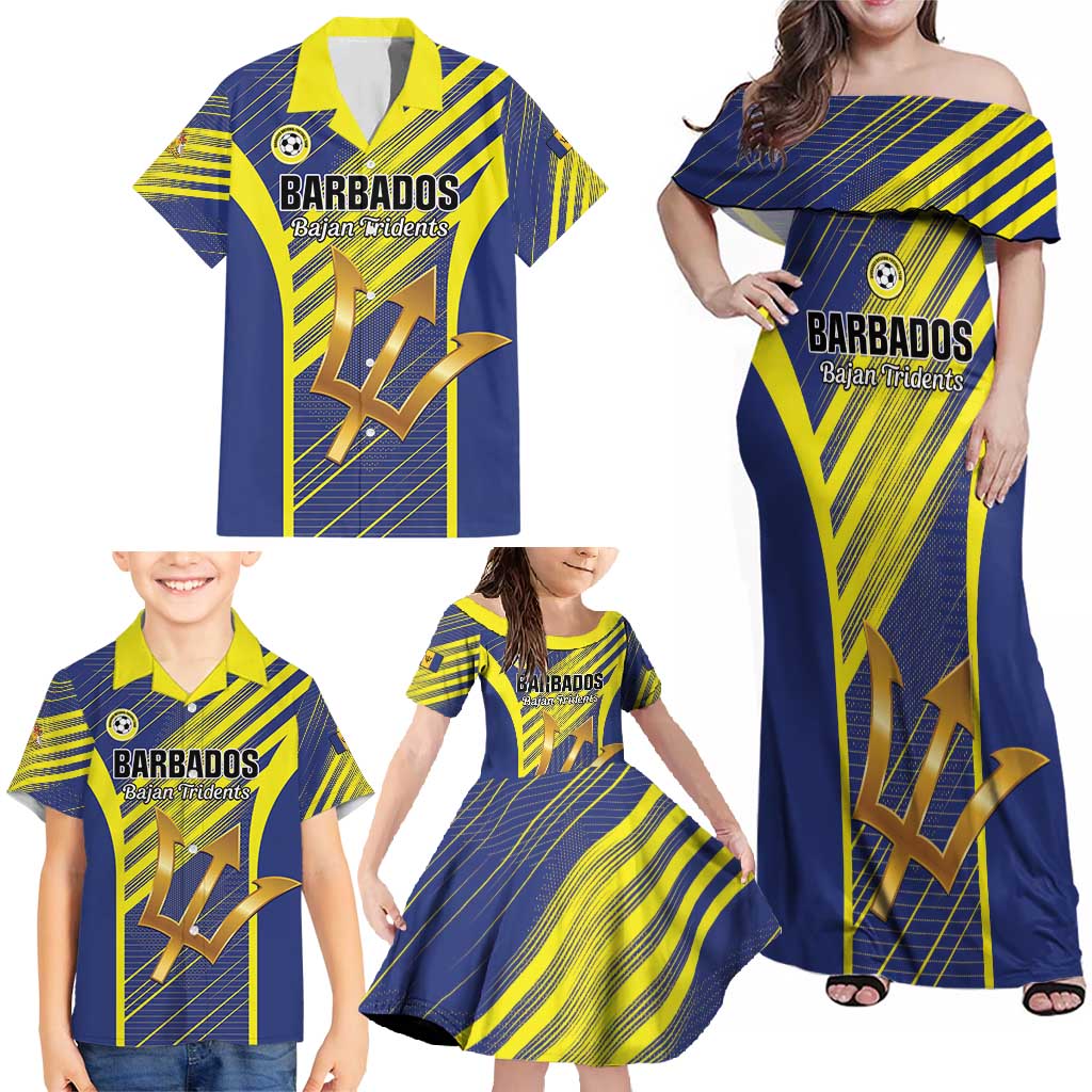 Custom Barbados Football Family Matching Off Shoulder Maxi Dress and Hawaiian Shirt Go Champions Bajan Tridents