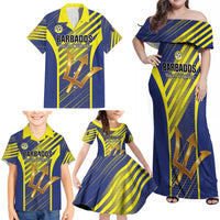 Custom Barbados Football Family Matching Off Shoulder Maxi Dress and Hawaiian Shirt Go Champions Bajan Tridents