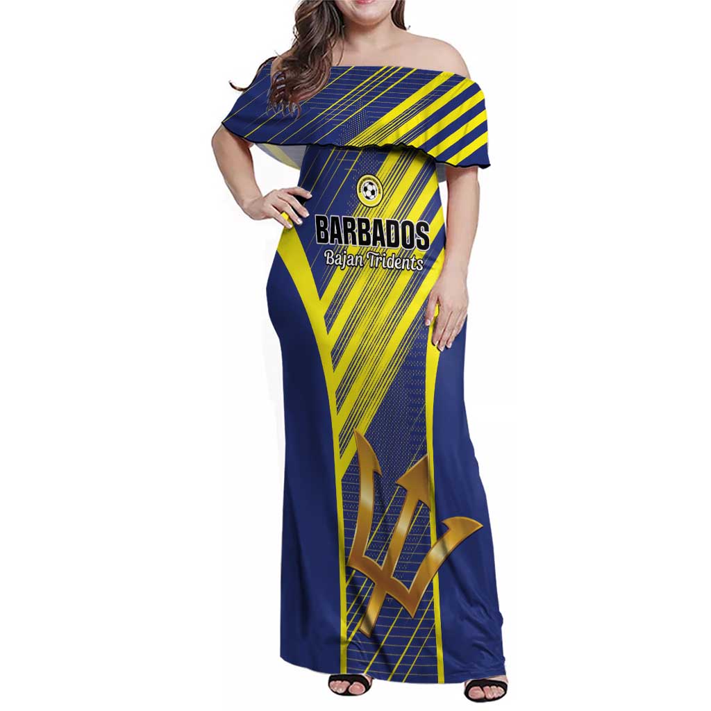 Custom Barbados Football Family Matching Off Shoulder Maxi Dress and Hawaiian Shirt Go Champions Bajan Tridents