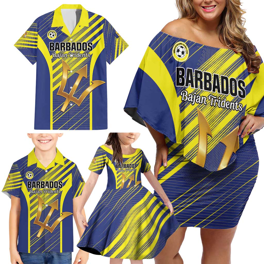 Custom Barbados Football Family Matching Off Shoulder Short Dress and Hawaiian Shirt Go Champions Bajan Tridents