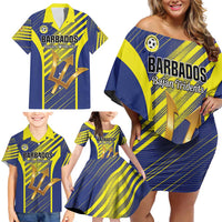 Custom Barbados Football Family Matching Off Shoulder Short Dress and Hawaiian Shirt Go Champions Bajan Tridents