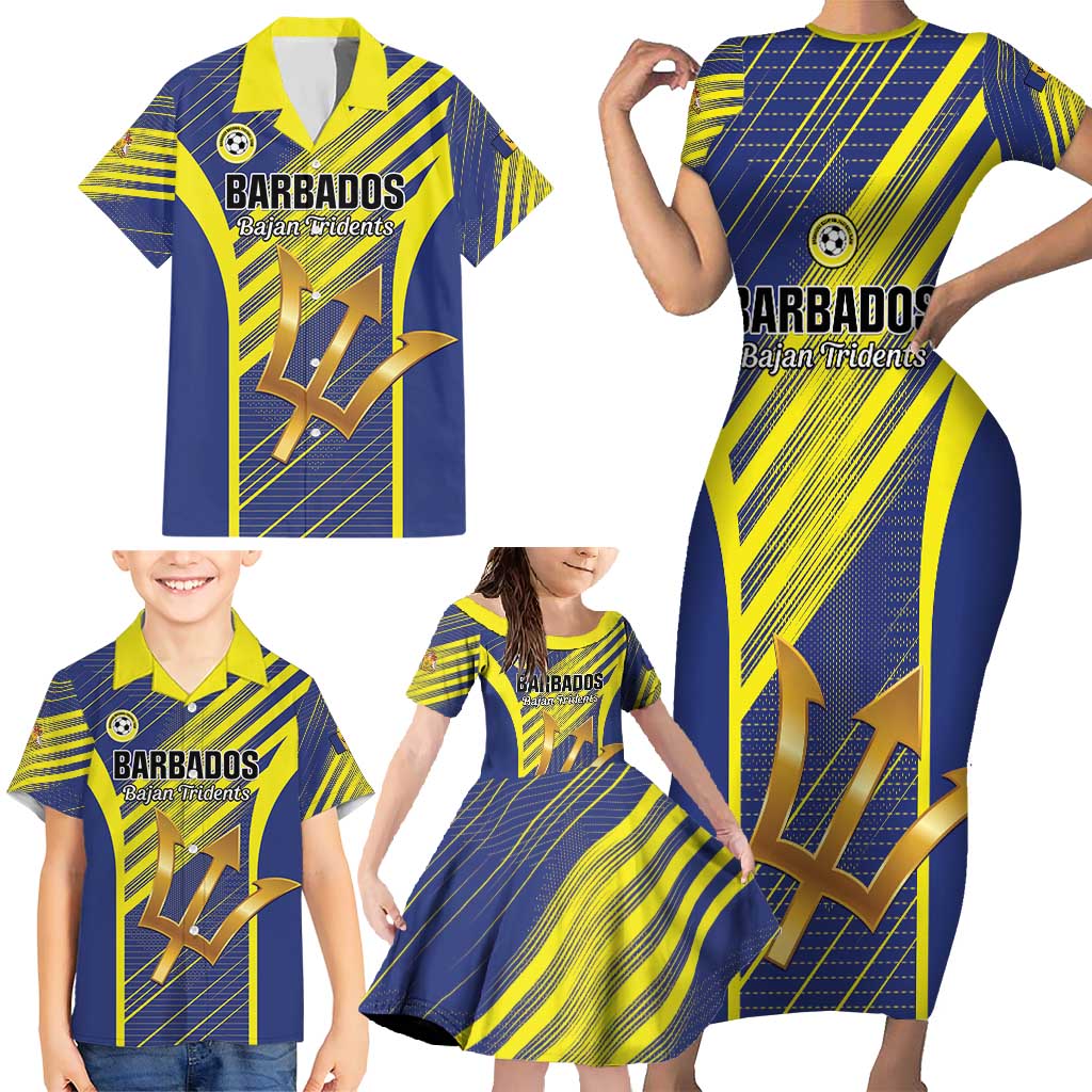 Custom Barbados Football Family Matching Short Sleeve Bodycon Dress and Hawaiian Shirt Go Champions Bajan Tridents