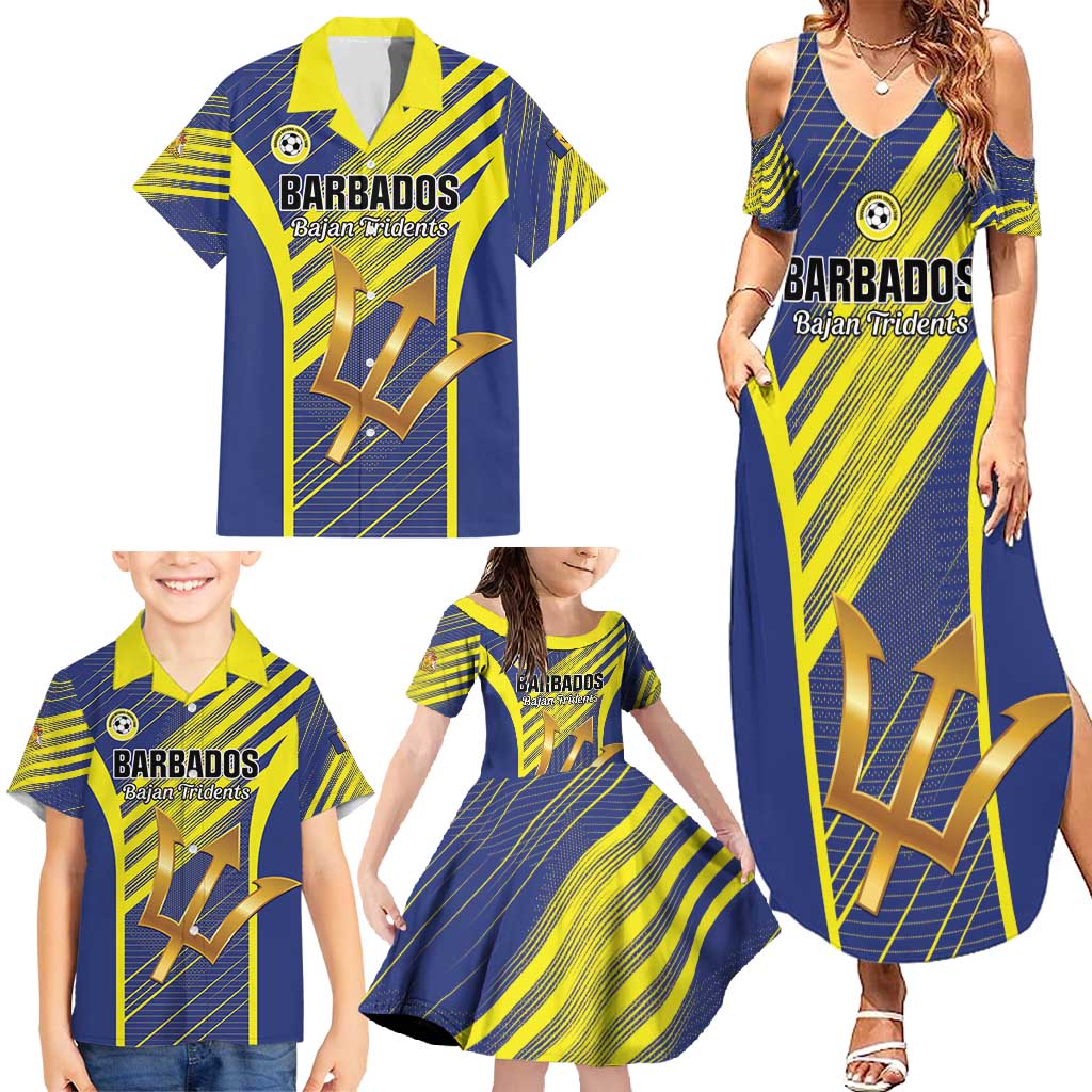 Custom Barbados Football Family Matching Summer Maxi Dress and Hawaiian Shirt Go Champions Bajan Tridents