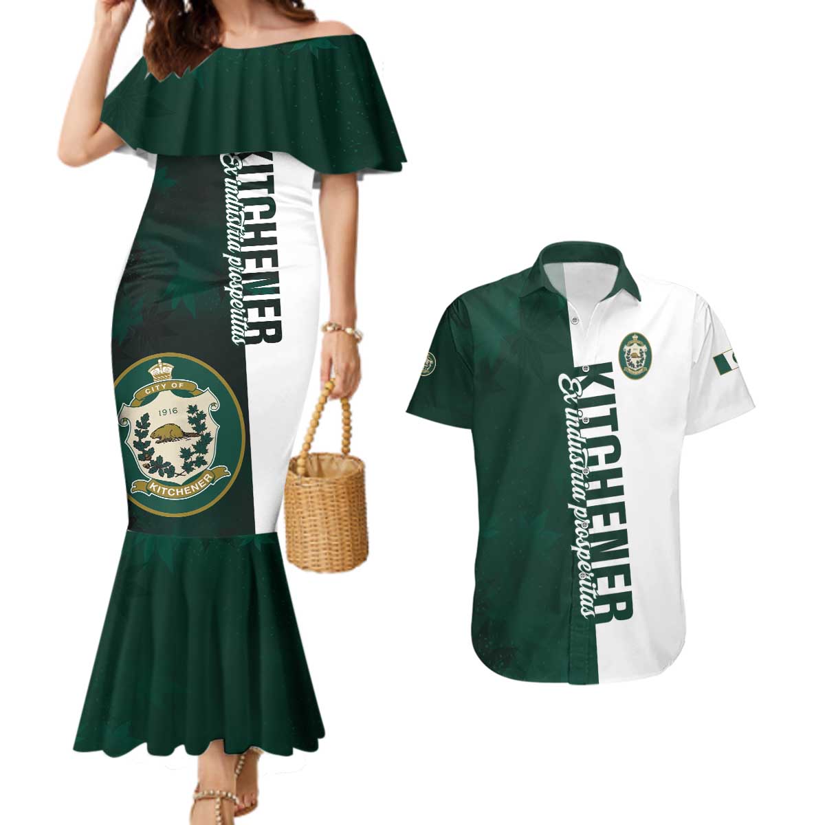 Personalised Canada Kitchener Couples Matching Mermaid Dress and Hawaiian Shirt Ex Industria Prosperitas