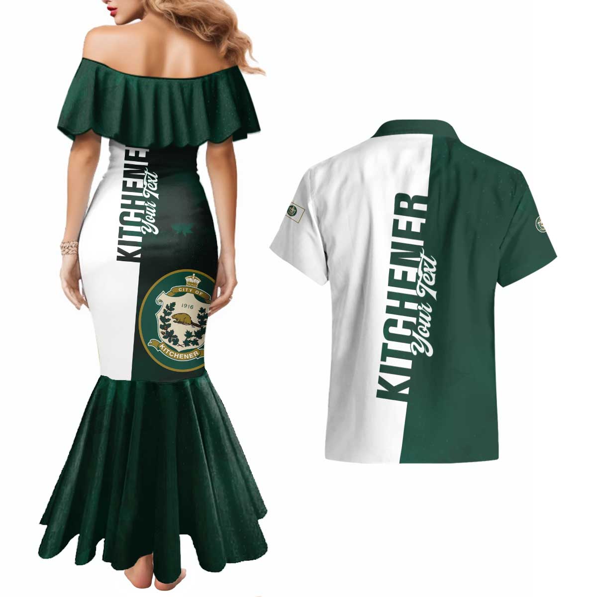 Personalised Canada Kitchener Couples Matching Mermaid Dress and Hawaiian Shirt Ex Industria Prosperitas
