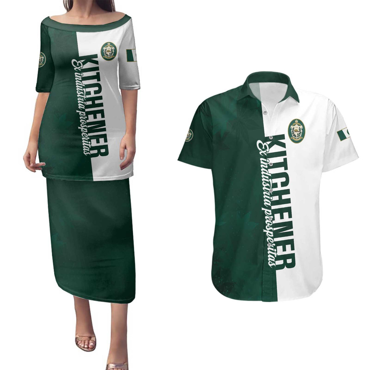 Personalised Canada Kitchener Couples Matching Puletasi and Hawaiian Shirt Ex Industria Prosperitas