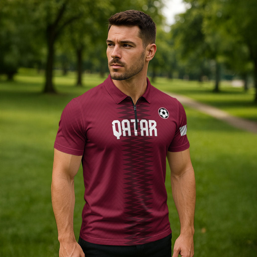 Custom Qatar 2026 World Football Zipper Polo Shirt Maroon Version