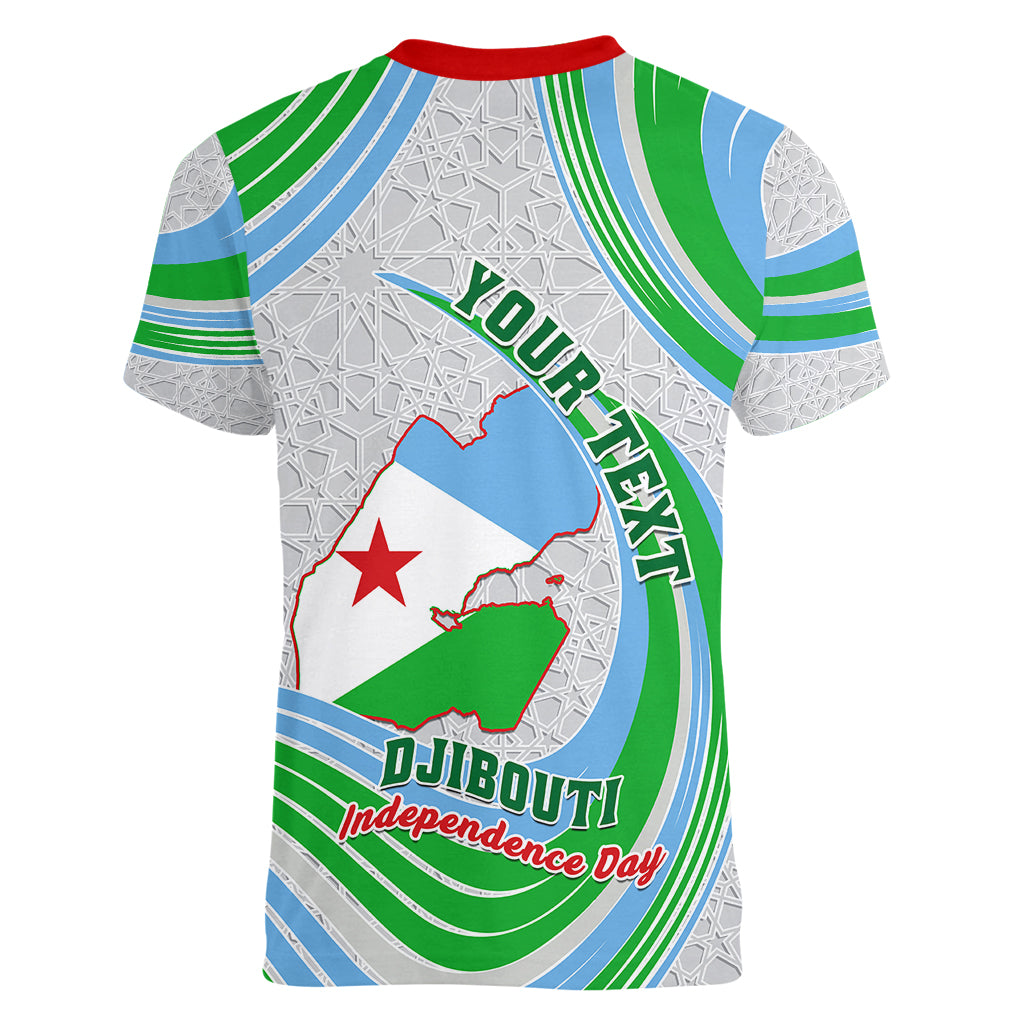 Custom 27 June Djibouti Independence Day Women V Neck T Shirt Jabuuti Emblem Mix Islamic Pattern - Wonder Print Shop