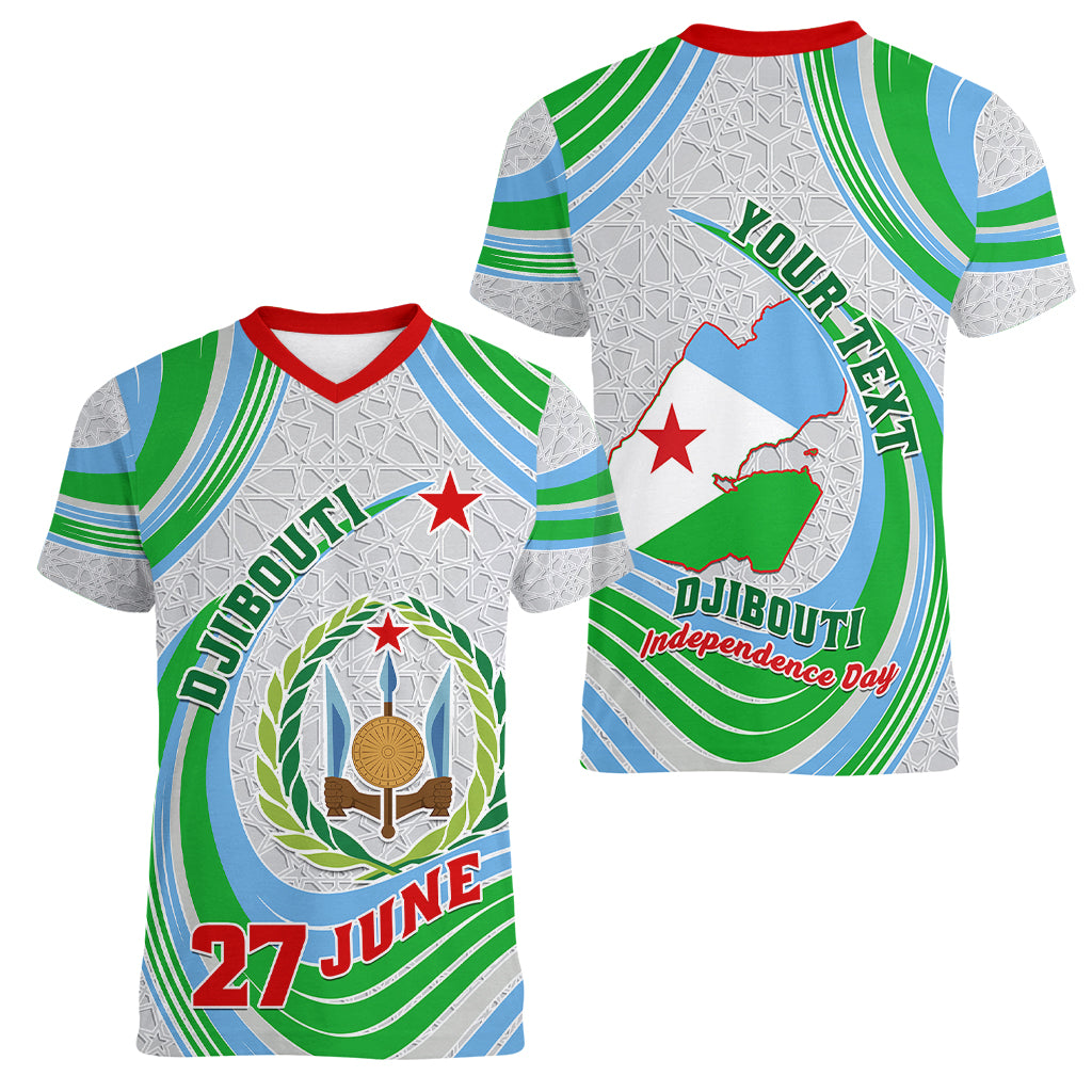 Custom 27 June Djibouti Independence Day Women V Neck T Shirt Jabuuti Emblem Mix Islamic Pattern - Wonder Print Shop
