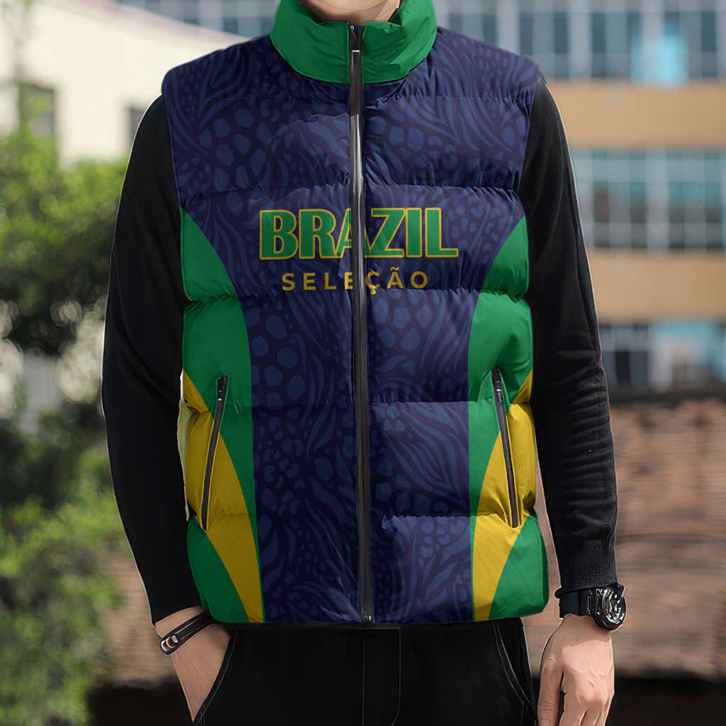 Custom Brazil Football Sleeveless Puffer Jacket Canary Squad Go Champions - Wonder Print Shop