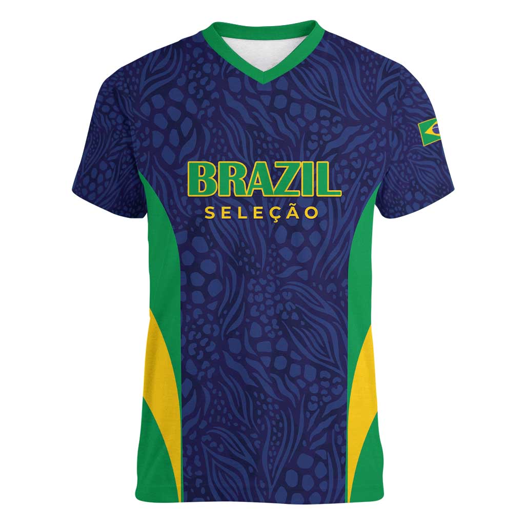 Custom Brazil Football Women V-Neck T-Shirt Canary Squad Go Champions - Wonder Print Shop