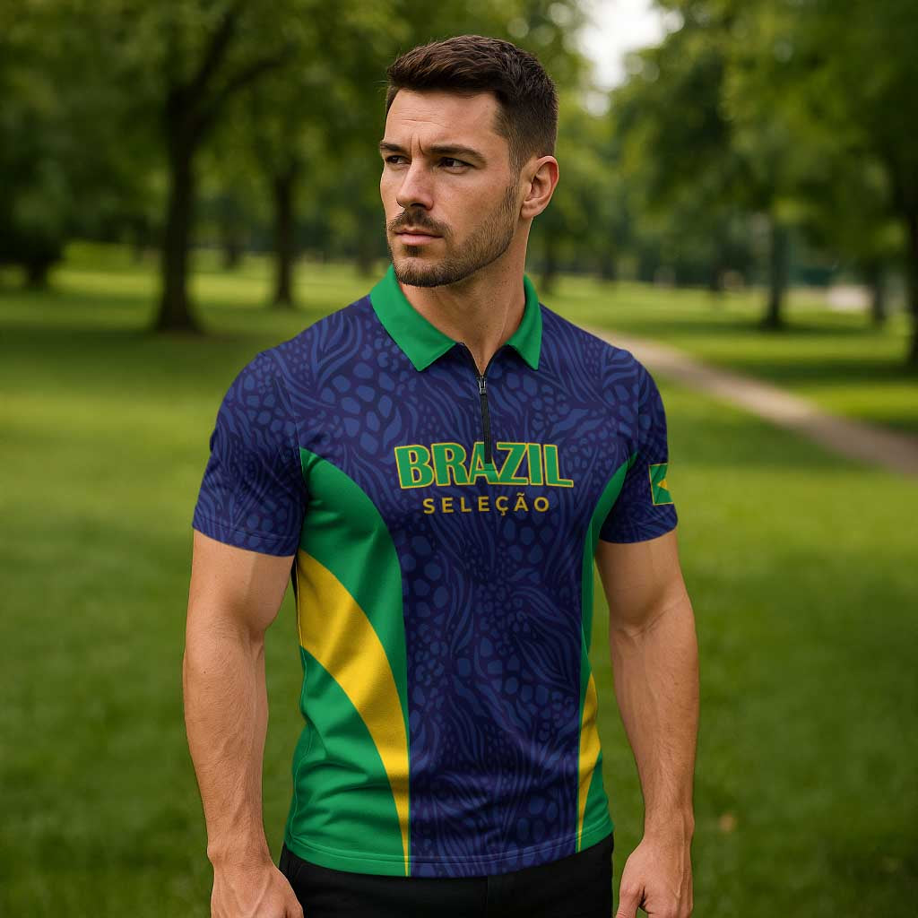 Custom Brazil Football Zipper Polo Shirt Canary Squad Go Champions - Wonder Print Shop