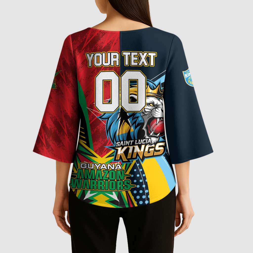 Custom Cricket Match 2025 Kimono Sleeve Blouse Amazon Warriors Guyana Vs Kings St Lucia - Wonder Print Shop
