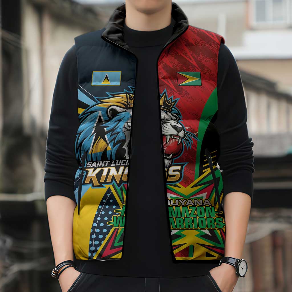 Custom Cricket Match 2025 Sleeveless Puffer Jacket Amazon Warriors Guyana Vs Kings St Lucia - Wonder Print Shop