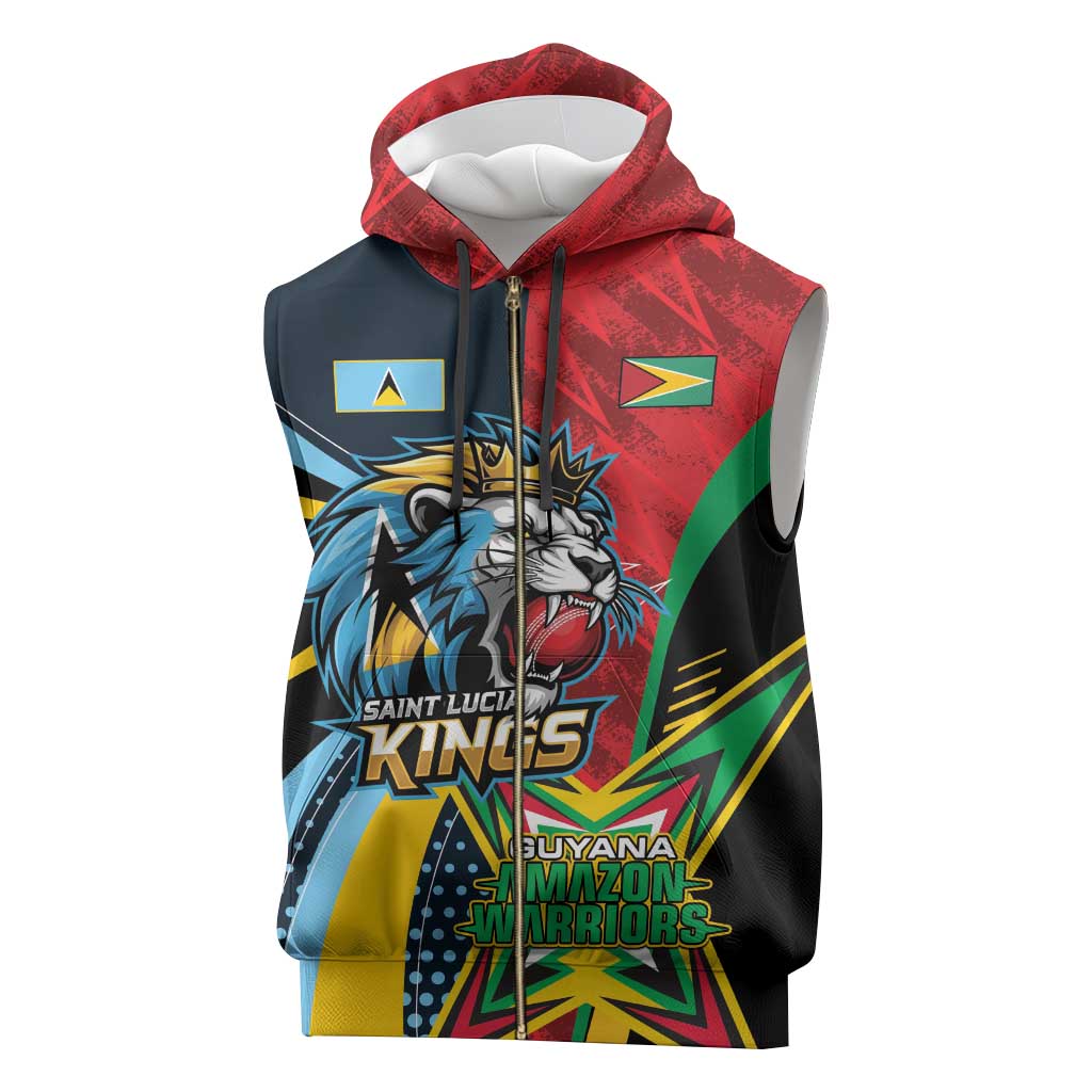 Custom Cricket Match 2025 Sleeveless Zip Hoodie Amazon Warriors Guyana Vs Kings St Lucia - Wonder Print Shop