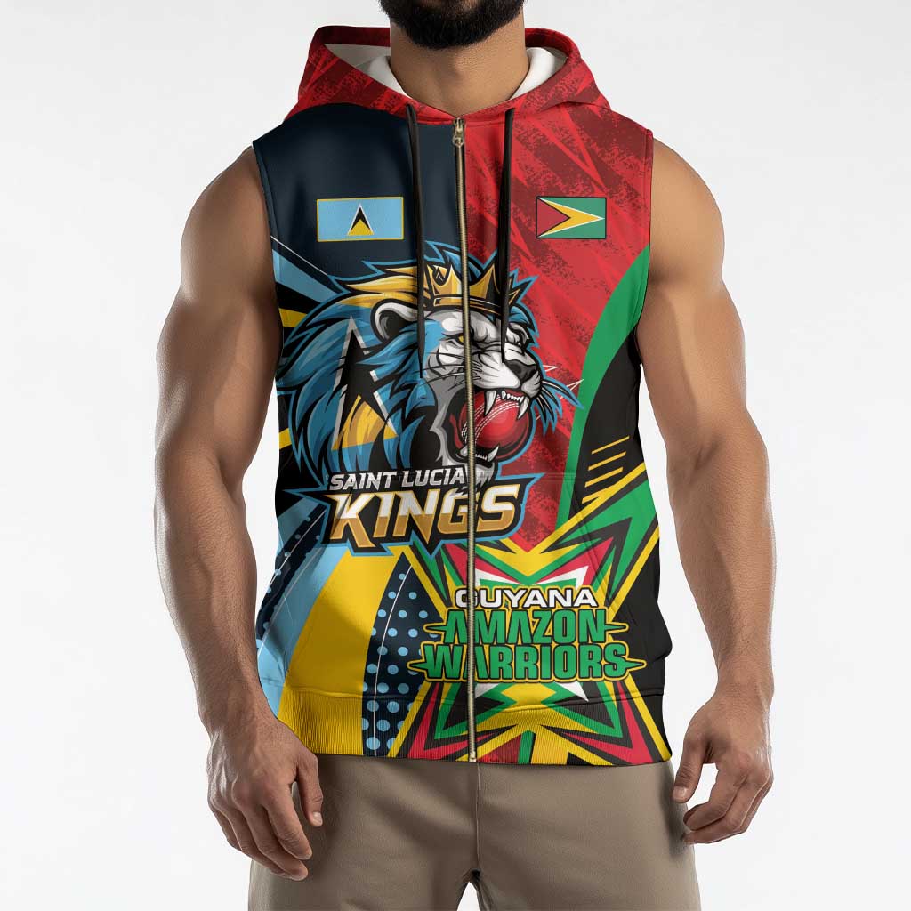 Custom Cricket Match 2025 Sleeveless Zip Hoodie Amazon Warriors Guyana Vs Kings St Lucia - Wonder Print Shop