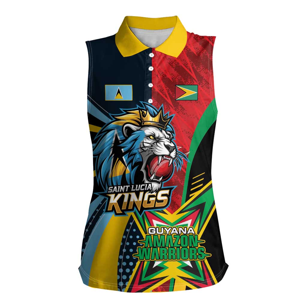 Custom Cricket Match 2025 Women Sleeveless Polo Shirt Amazon Warriors Guyana Vs Kings St Lucia - Wonder Print Shop