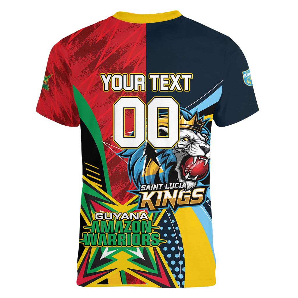 Custom Cricket Match 2025 Women V-Neck T-Shirt Amazon Warriors Guyana Vs Kings St Lucia - Wonder Print Shop