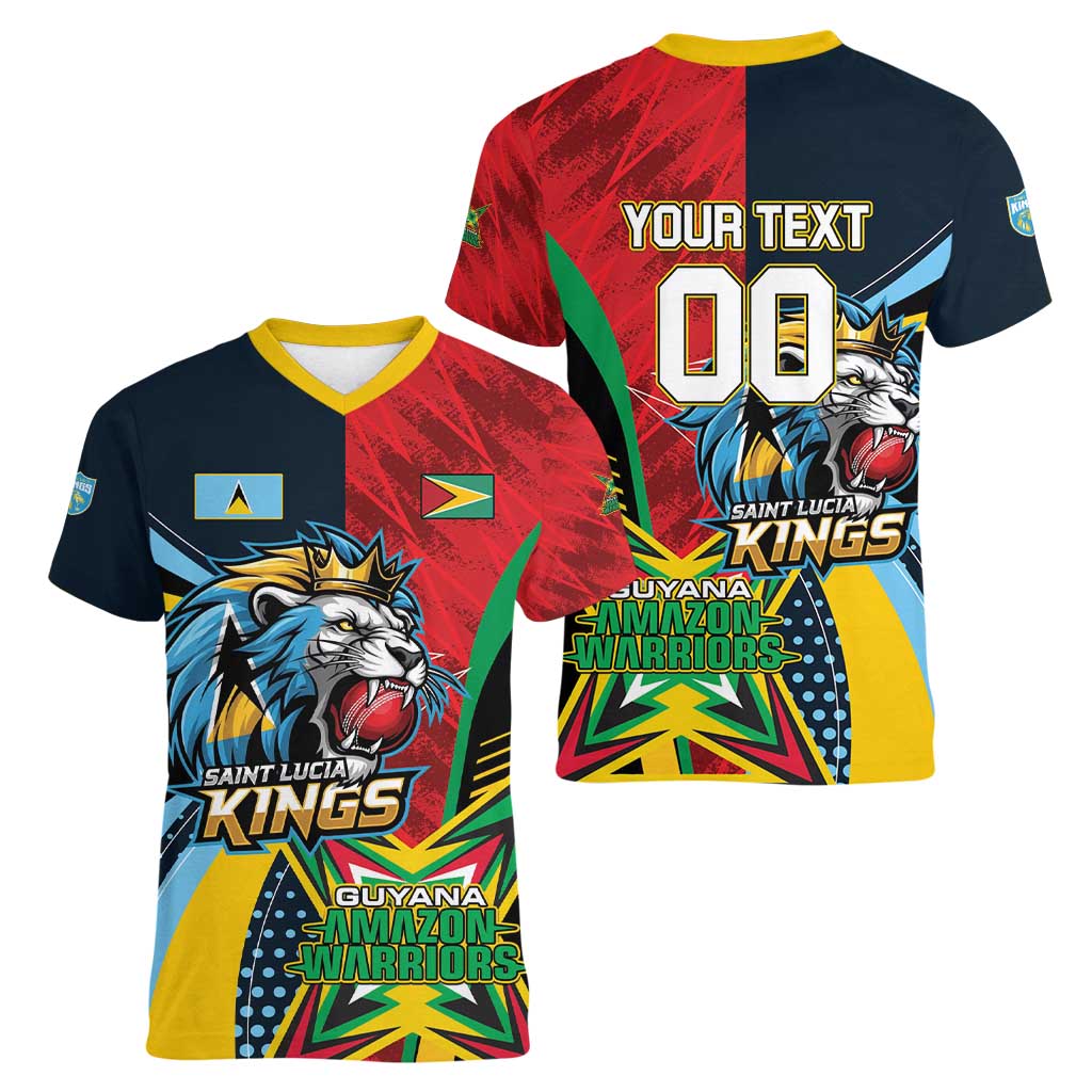 Custom Cricket Match 2025 Women V-Neck T-Shirt Amazon Warriors Guyana Vs Kings St Lucia - Wonder Print Shop