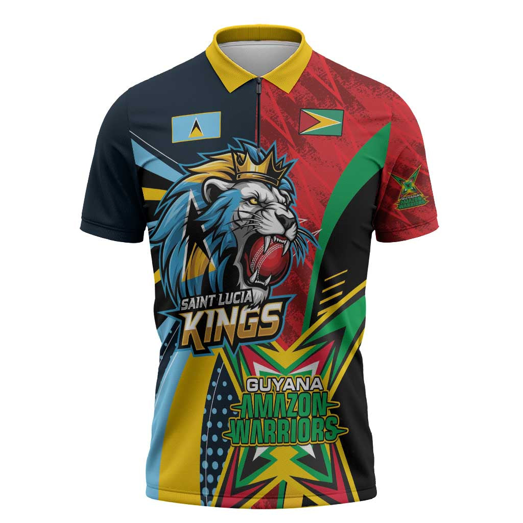 Custom Cricket Match 2025 Zipper Polo Shirt Amazon Warriors Guyana Vs Kings St Lucia - Wonder Print Shop