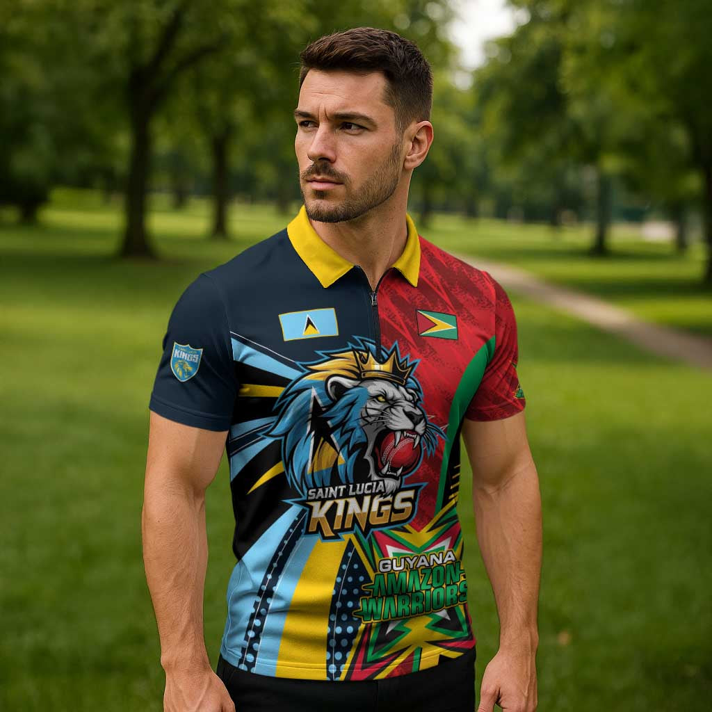 Custom Cricket Match 2025 Zipper Polo Shirt Amazon Warriors Guyana Vs Kings St Lucia - Wonder Print Shop