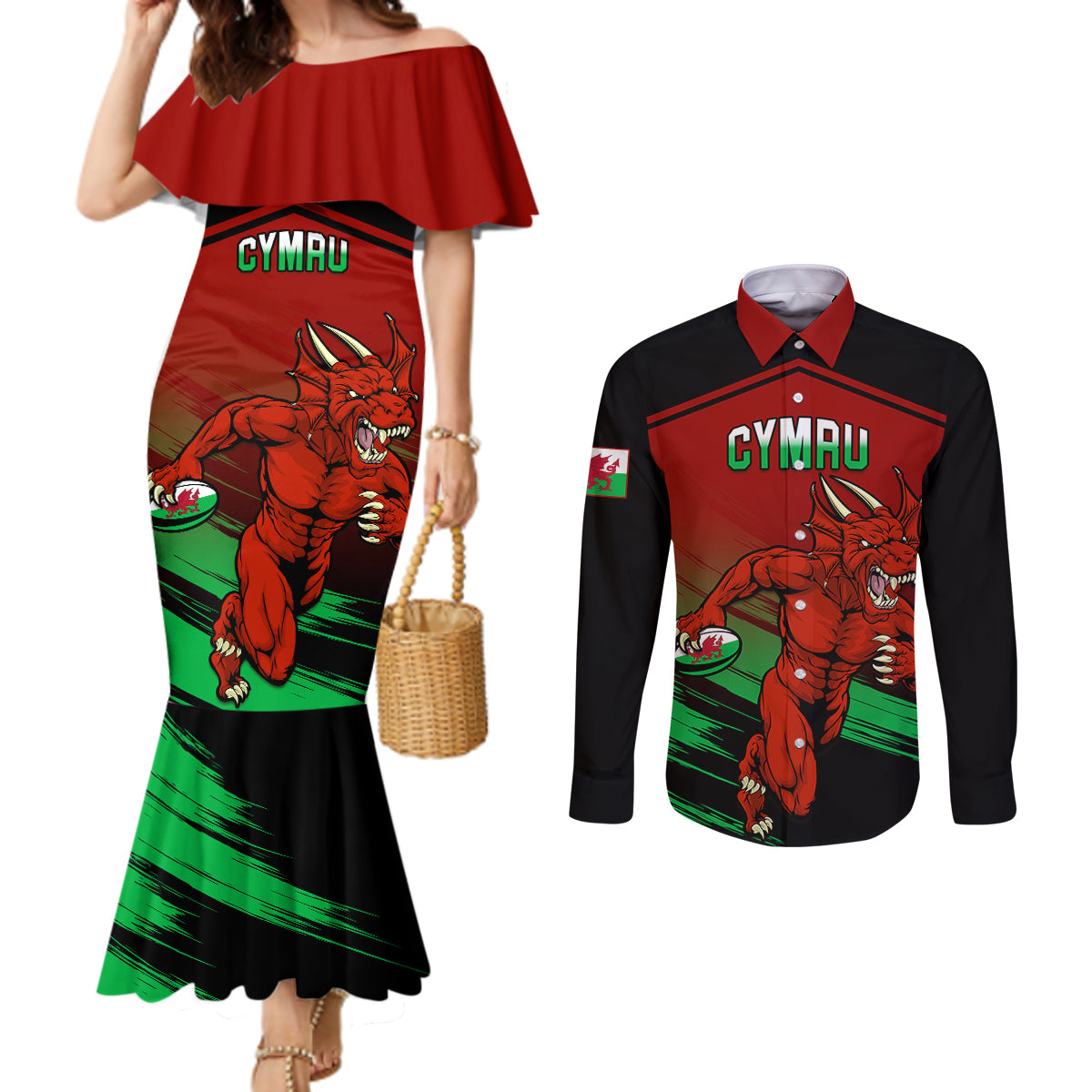 wales-rugby-couples-matching-mermaid-dress-and-long-sleeve-button-shirts-cymru-come-on-2023-world-cup