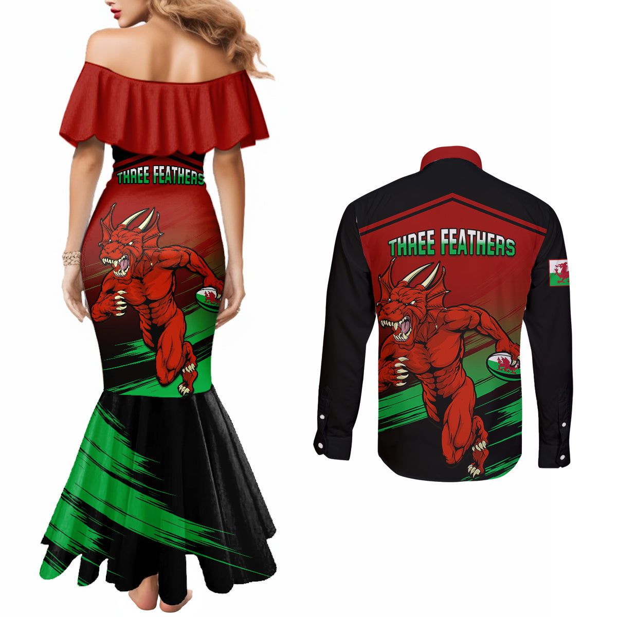 wales-rugby-couples-matching-mermaid-dress-and-long-sleeve-button-shirts-cymru-come-on-2023-world-cup