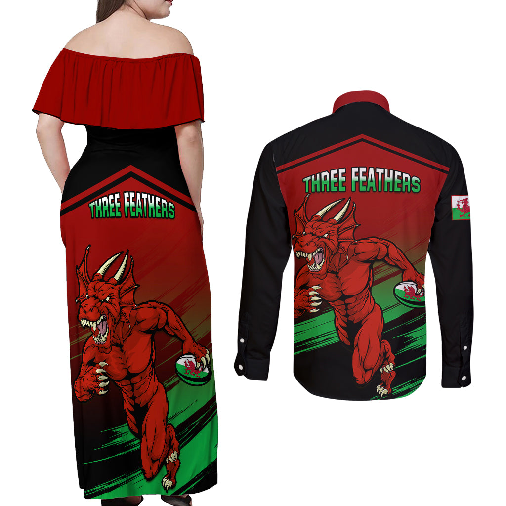 Wales Rugby Couples Matching Off Shoulder Maxi Dress and Long Sleeve Button Shirts Cymru Come On 2023 World Cup - Wonder Print Shop