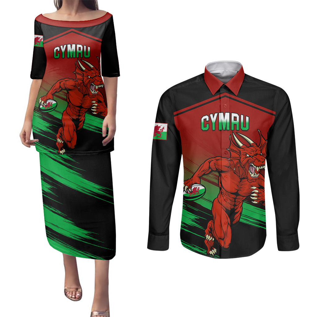 Wales Rugby Couples Matching Puletasi Dress and Long Sleeve Button Shirts Cymru Come On 2023 World Cup - Wonder Print Shop