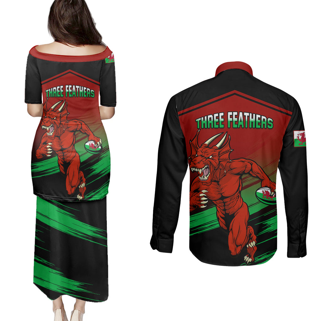 Wales Rugby Couples Matching Puletasi Dress and Long Sleeve Button Shirts Cymru Come On 2023 World Cup - Wonder Print Shop