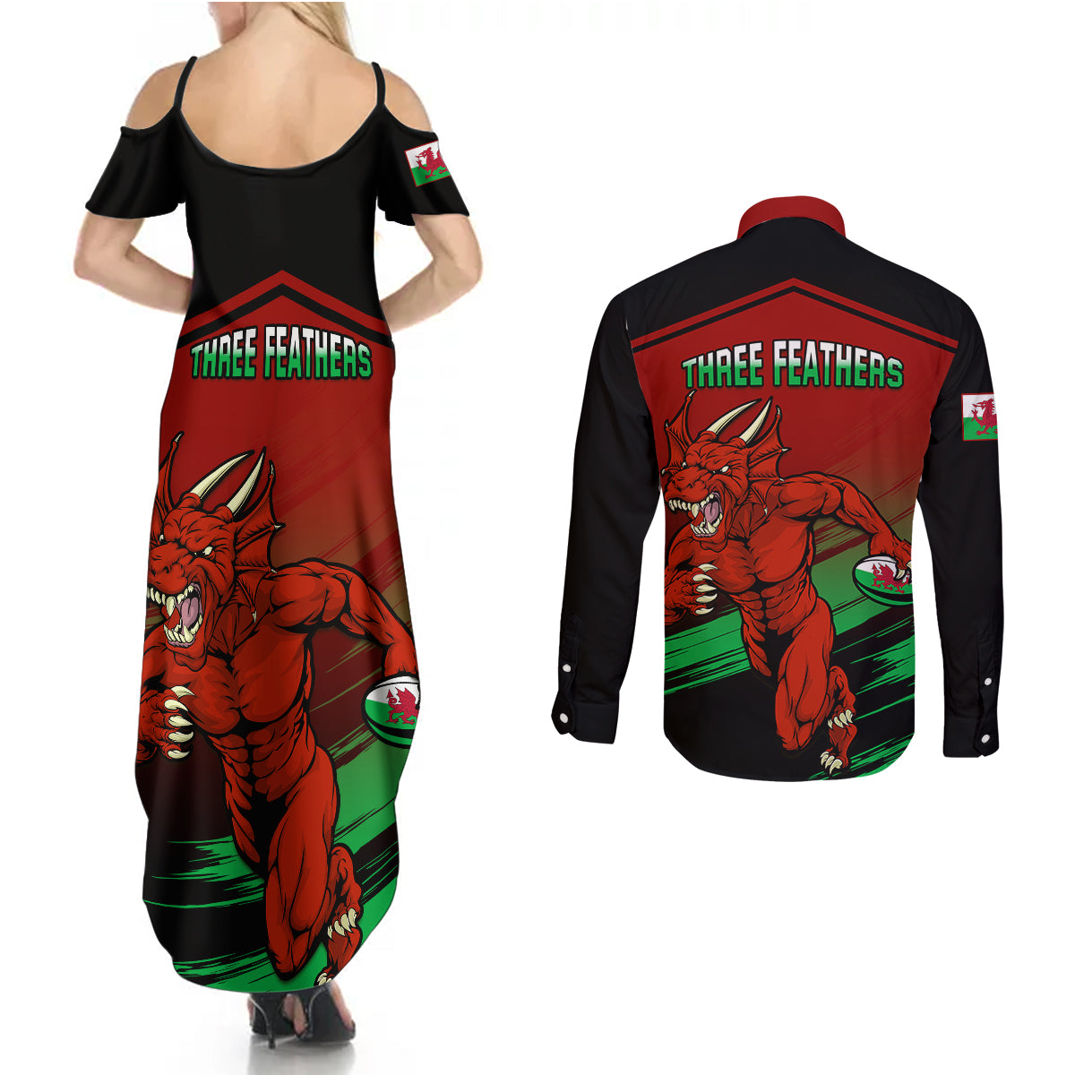 Wales Rugby Couples Matching Summer Maxi Dress and Long Sleeve Button Shirts Cymru Come On 2023 World Cup - Wonder Print Shop