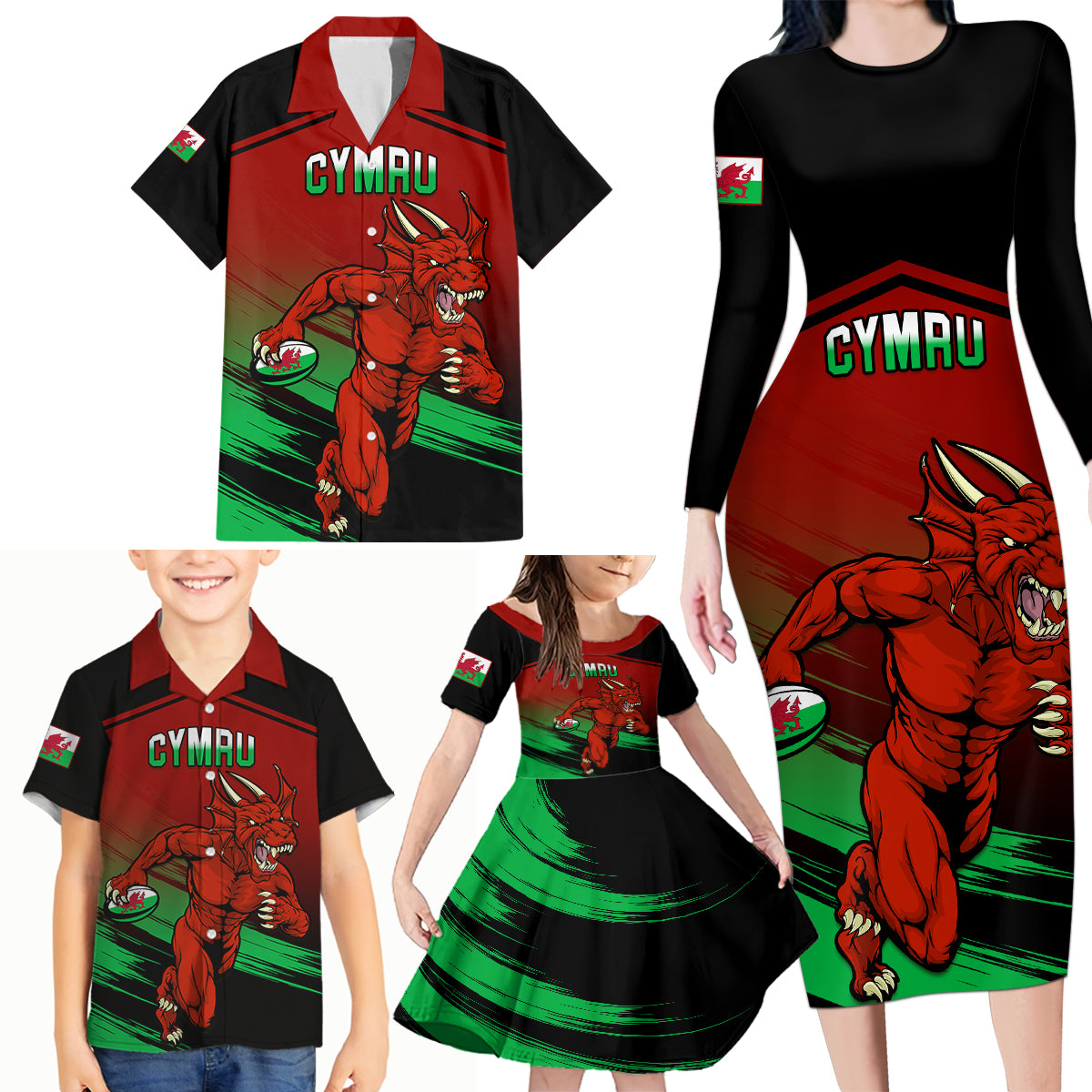 Wales Rugby Family Matching Long Sleeve Bodycon Dress and Hawaiian Shirt Cymru Come On 2023 World Cup - Wonder Print Shop