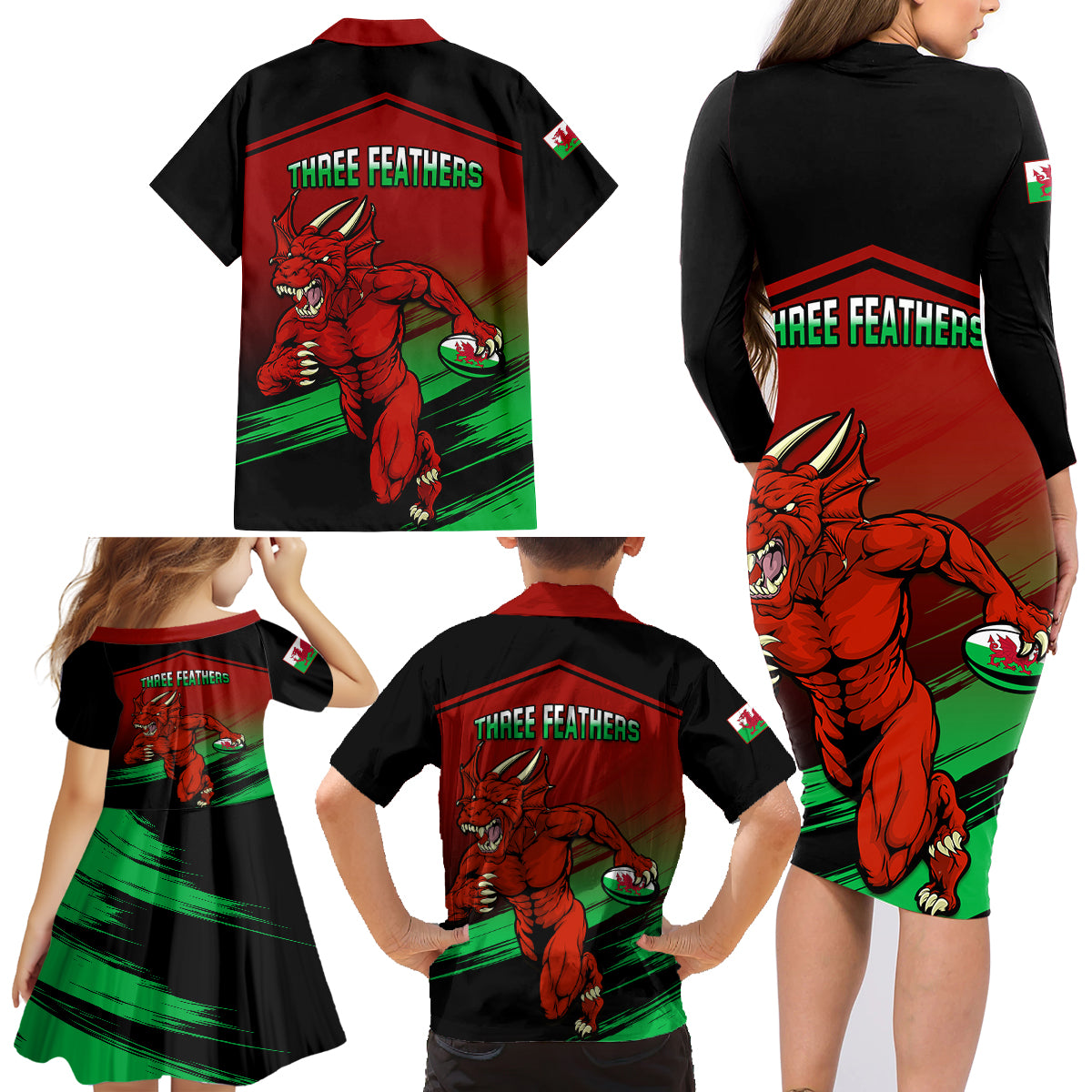 Wales Rugby Family Matching Long Sleeve Bodycon Dress and Hawaiian Shirt Cymru Come On 2023 World Cup - Wonder Print Shop