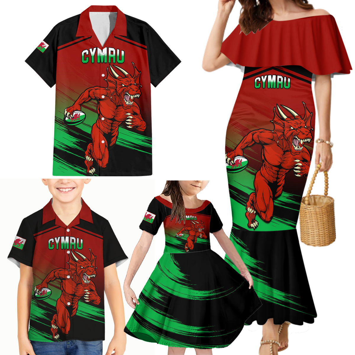 Wales Rugby Family Matching Mermaid Dress and Hawaiian Shirt Cymru Come On 2023 World Cup - Wonder Print Shop