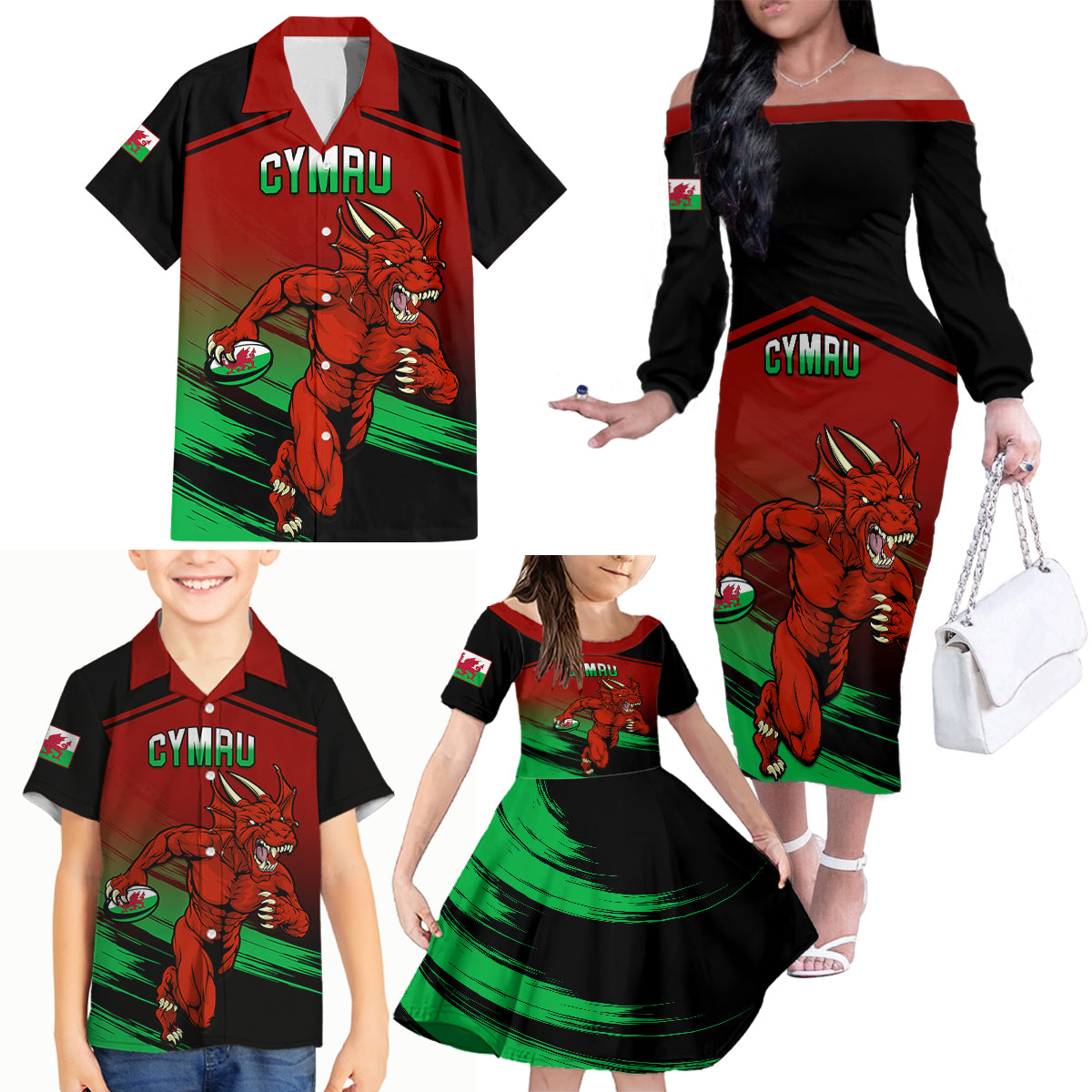 Wales Rugby Family Matching Off Shoulder Long Sleeve Dress and Hawaiian Shirt Cymru Come On 2023 World Cup - Wonder Print Shop