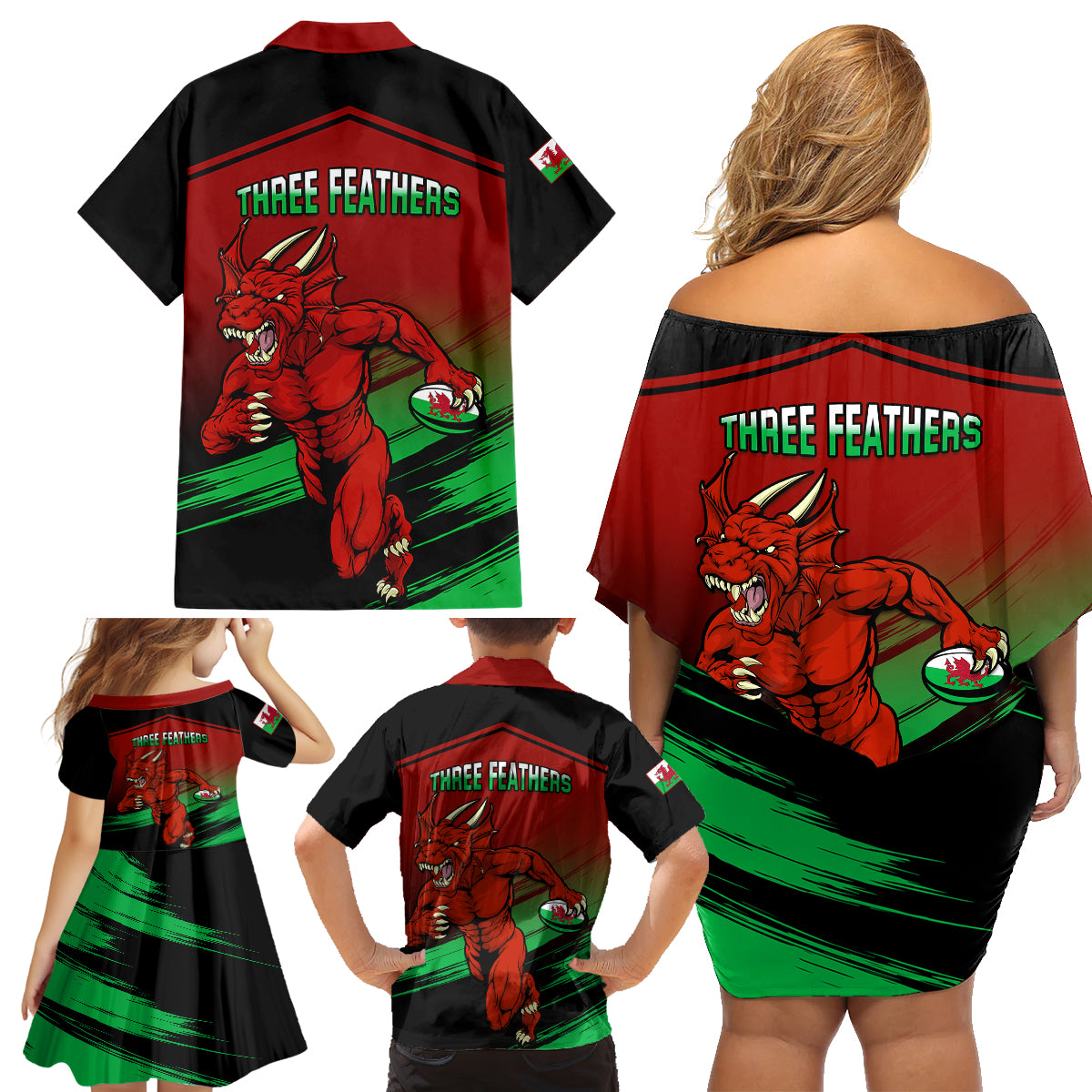 Wales Rugby Family Matching Off Shoulder Short Dress and Hawaiian Shirt Cymru Come On 2023 World Cup - Wonder Print Shop