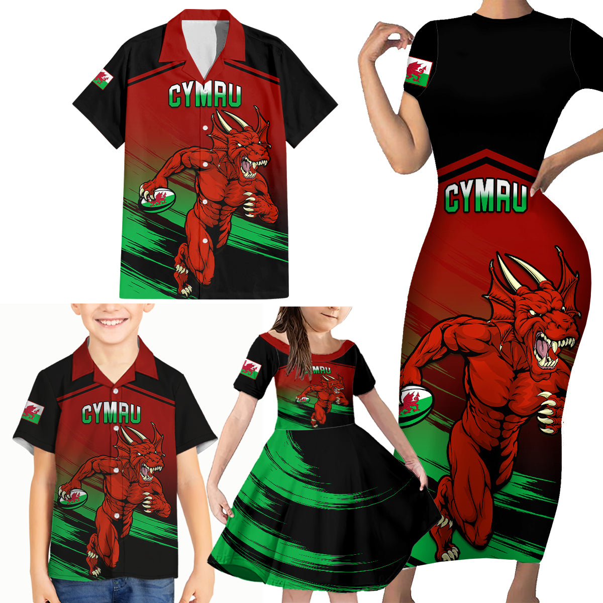 Wales Rugby Family Matching Short Sleeve Bodycon Dress and Hawaiian Shirt Cymru Come On 2023 World Cup - Wonder Print Shop