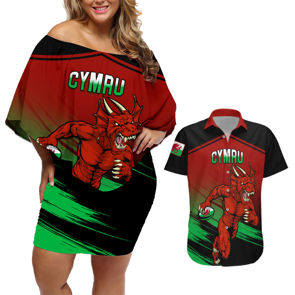 Custom Wales Rugby Couples Matching Off Shoulder Short Dress and Hawaiian Shirt Cymru Come On 2023 World Cup - Wonder Print Shop