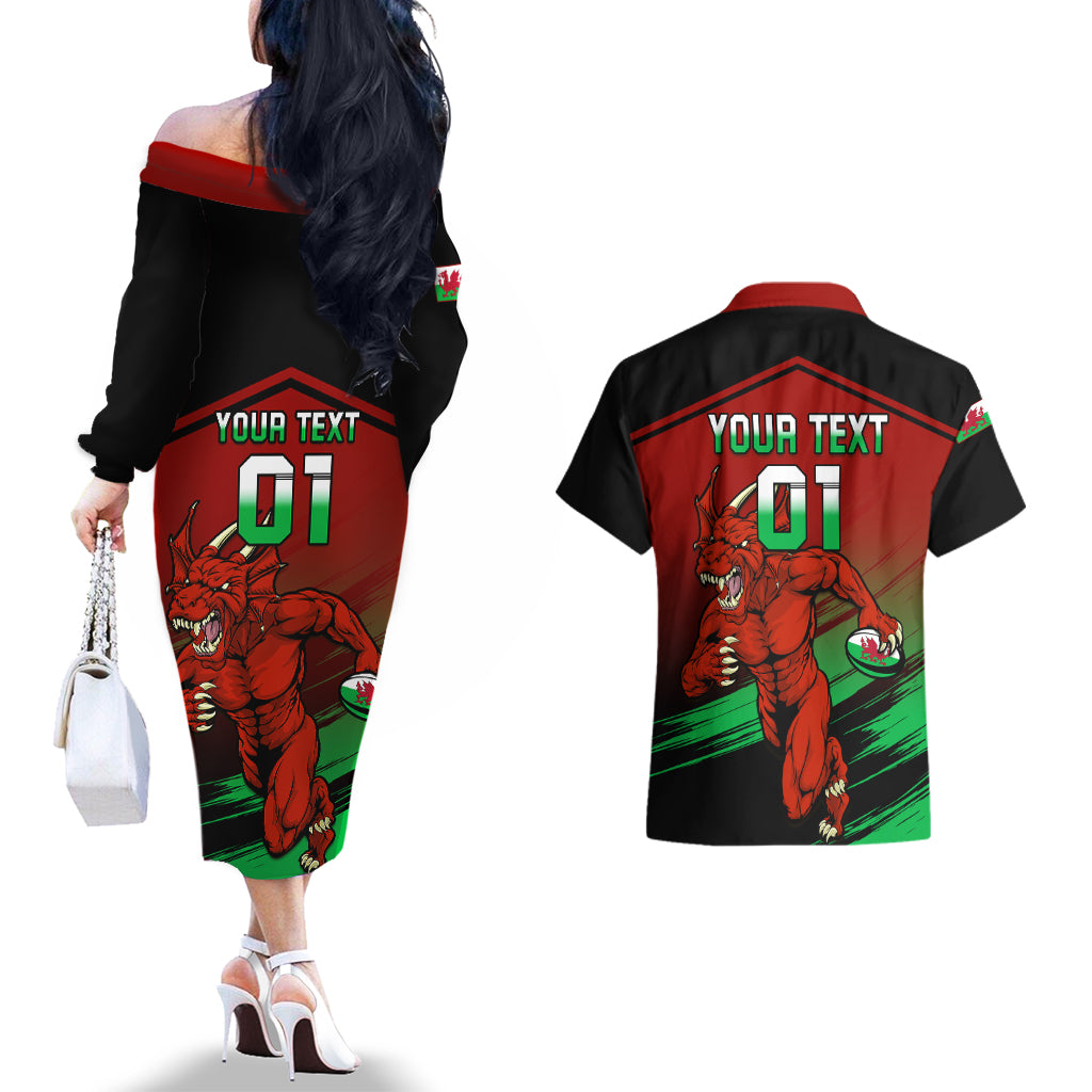 Custom Wales Rugby Couples Matching Off The Shoulder Long Sleeve Dress and Hawaiian Shirt Cymru Come On 2023 World Cup - Wonder Print Shop